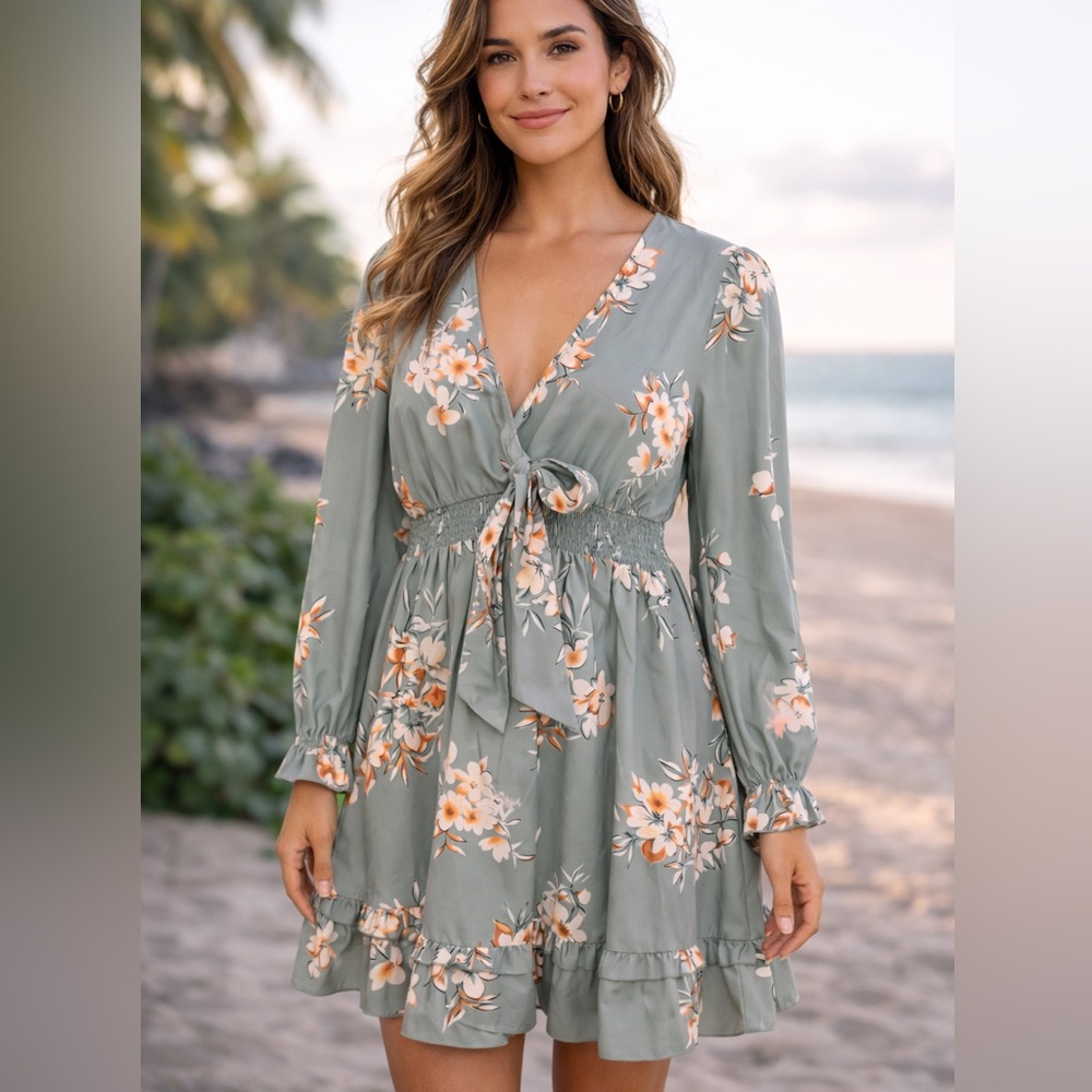 SHEIN Sage Green Floral Wrap Dress Women’s Large Long Sleeve Tie Waist